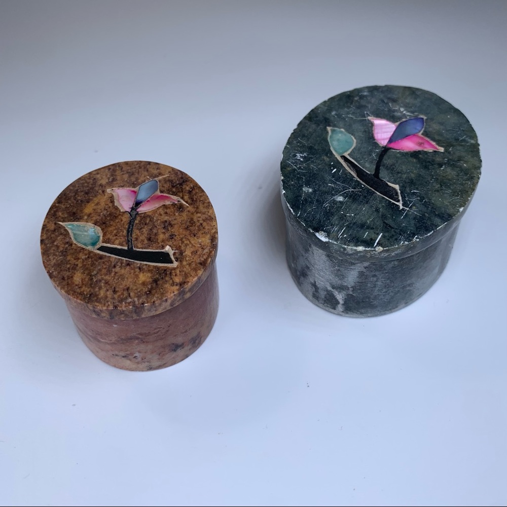 2 Vintage Stone Floral Flower Inlay Trinket Jewlery Boxes Made In India Boho